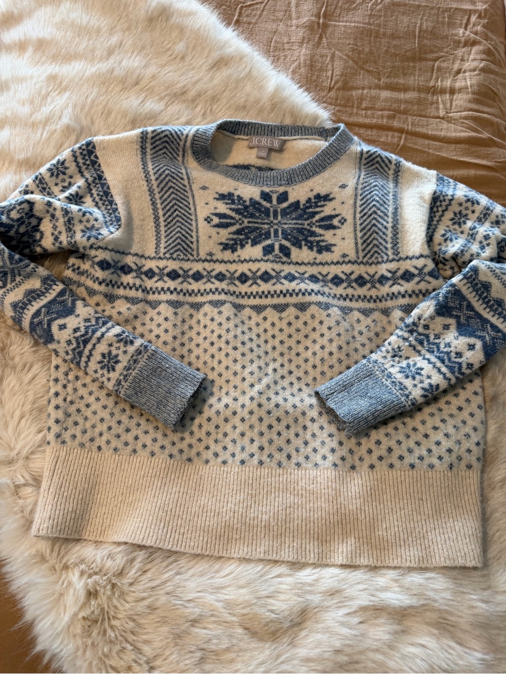 J. Crew Cream and Blue Fair Isle Crewneck Sweater